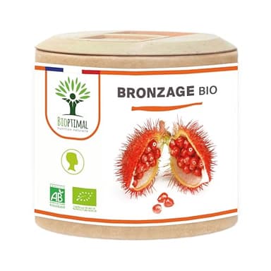 Autobronzant Naturel - Bioptimal - Complément Alimentaire - Activateur Accélérateur de Bronzage de la Peau- 100% Poudre Urucum Bio - Gélule Vegan - Fabriqué en France - Certifié Ecocert - 60 gélules