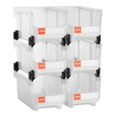VEVOR Bac à Bec Empilable Lot de 6 Bacs de Rangement Plastique, 37,7 x 21,5 x 18 cm, Boites de Rangement pour Atelier, Garage, Petites Pièces, Fournitures de Bureau et Autres Accessoires, Transparent