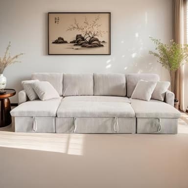 CONCEPT USINE | Canapé Panoramique Convertible MAHÉ 4 Places | Velours Côtelé Beige | avec Coffres de Rangement | Couchage Spacieux 267x110 cm | Design Moderne et Pratique | Confort et Robustesse