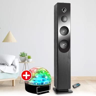 Tour de Son Blacktower Lecteur CD, Bluetooth, FM et USB, 100W, télécommande, Jeu de lumière Boule LED, Colonne Chambre Salon