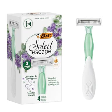 BIC Soleil Escape - 4 Rasoirs pour Femme à 3 Lames avec Bande Hydratante à l'Huile d'Amande 100% Naturelle, Manche Parfumé Lavande et Eucalyptus pour un Rasage Précis et Confortable