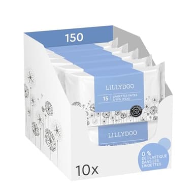 Lingettes LILLYDOO pour bébé faites à 99% d'eau, Lot de 10 x 15 (150 pièces), tissu 100% sans plastique, sans parfum et doux comme du coton et de l'eau