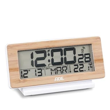 ADE Horloge numérique Digitale de Table | reveil Radio-piloté | avec Affichage de température et Calendrier | éclairage | Design Moderne | thermomètre | LCD | Bois
