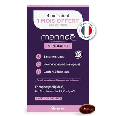 Vitavea Manhaé-Complément Alimentaire Ménopause Pré-Ménopause Sans Hormones-Confort & bien-être -Acide Folique, Omega 3, Zinc, Fer-120 gélules - Cure de 4 mois-Fabriqué en France
