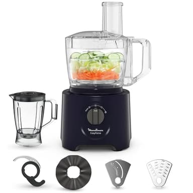 Moulinex Easy Force, Robot Cuisine Multifonction Compact 3L, 800W, 2 Vitesses + Pulse, 25 fonctions, 6 accessoires, Blender, Râpes, Bleu, FP247810