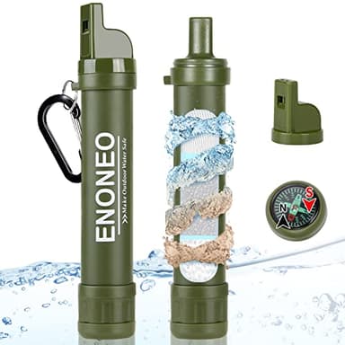 ENONEO Paille Filtre Eau 1500L Purificateur Eau Survie Paille Filtrante Enlève 99.99% Bactéries et Protozoaires Filtrer à 0,01 Microns avec Sifflet,Boussole pour Randonnée Camping Voyage