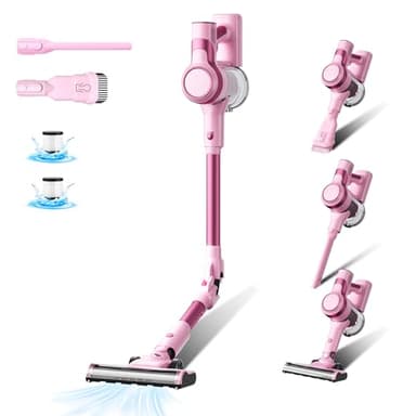 Stanew Aspirateur Balai sans Fil, 33Kpa Aspirateur sans Fil Puissant, 320W Aspirateur Pliable, 40Min Autonomie, LED, pour Poils d'animaux Tapis Voiture Sol Dur Canapés etc(Rose)