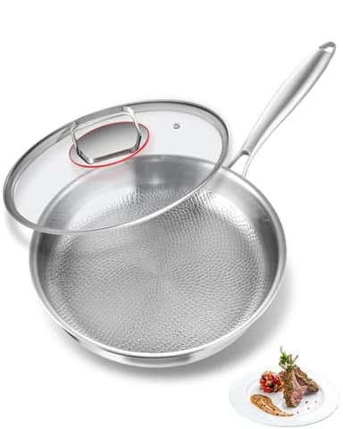 Abijan Poele inox 28 cm, Poele titane, Pôêles à frire inox 18/10 avec couvercle, Construction à 5 couches, Non couché (Sans PTFE ni PFOA), Surface effet lotus, Va au lave-vaisselle
