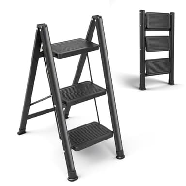 Teodute Escabeau 3 Marches, Charge Maximale Supportée 150kg, Acier Carbone Allié Marche Pied Pliable avec Marches Larges, Escabeau pour Buanderie Cuisine Chambre Garage