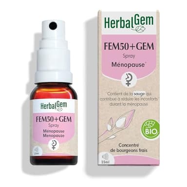 HerbalGem - Fem50+Gem Bio - Atténue les désagréments de la ménopause - Complexe de Gemmothérapie Concentrée - 15 ml