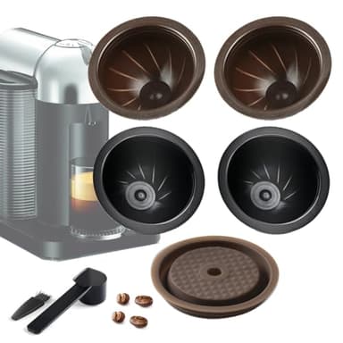 LUKELI 5Pcs Capsules Réutilisables Vertuo Dosettes Vertuo Capsules de Café Rechargeables VertuoLine pour Nespresso Vertuo avec 1 Pcs Couvercles en Silicone Réutilisables (Noir 230 ml + Marron 150 ml +
