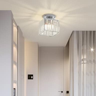 Sxtiger Plafonnier En Cristal Moderne, Mini Plafonnier En Cristal Argenté E27, Lustre Carré En Cristal, Pour Couloir Salon Chambre Cuisine Entrée Éclairage (Argent)