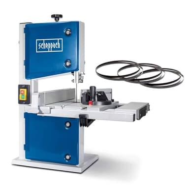 Scheppach Scie à ruban HBS30 | 350W | Table 30x38x52cm | Inclinable de 0°-45° | Raccord pour aspirateur| Hauteur & Largeur max. de passage: 80x200mm | Livrée avec 3 lames 6,10 et 15 dents par pouce"