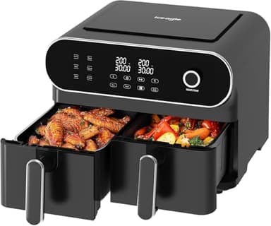 iceagle Friteuse sans Huile Dual Zone Air Fryer 11L – XXL Friteuse à Air avec Double Tiroir | Paniers Doubles Airfryer, 6 en 1, écran Tactile, 1700W, Recettes, Repas Sains pour une Grande Famille
