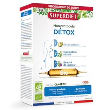 SUPERDIET - PROTOCOLE DÉTOX BIO – Détox - Programme en 3 Phases - Phytothérapie – Fabrication Française – 30 ampoules 10 ml