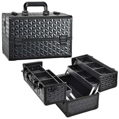 Malette Maquillage Professionnelle Malette Onglerie/Coiffure Boîte Maquillage en Aluminium avec 4 Plateaux séparateurs réglables Verrouillable Portable avec bandoulière, Noir