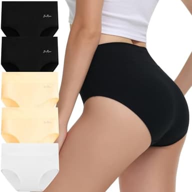 IceReco Culotte Femme Coton Taille Haute Slip Femme sans Couture Ventre Plat Culotte Gainante Confort Stretch 5 Pièces Noir Couleur de Peau Blanc L
