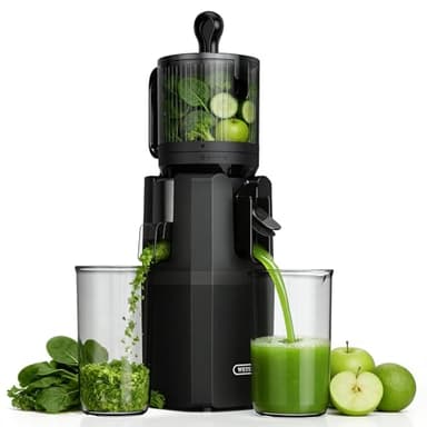 WETIE Extracteur de Jus de Fruits et Légumes Entiers, Extracteurs lents avec Goulotte XXL 120mm, sans BPA, 99% de Rendement, Facile à Nettoyer et à installer, (Inclut 2 Récipients à Jus)