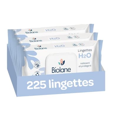 BIOLANE - Lingettes bébé à l'eau - 225 Lingettes - Lot de 3x75 - Nettoyage doux et efficace - Dès la naissance - Qualité Française