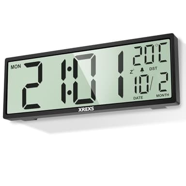 XREXS Horloge Murale Numérique de 14,5 Pouces - Heure - Calendrier - Température - Fonction DST - Fonctionnement à Piles - pour Chambre à Coucher, Salon, Salle de Classe, Bureau (Noir)