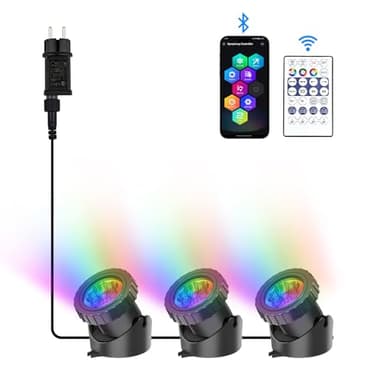 NATPOW Lumières LED Submersible RGB, 5V Couleur Changeante Projecteurs Application Bluetooth et Télécommande, IP68 Etanches Bassin Éclairage pour Aquarium, Jardin, Cour, Piscine, Fontaine (Lot de 3)