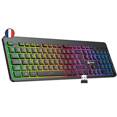 KLIM Light V2 Clavier sans Fil AZERTY + Nouveauté 2024 + Fin, Discret, Waterproof, Silencieux + Clavier Gamer rétroéclairé pour PC Mac PS4 PS5 + Batterie Intégrée Longue Durée