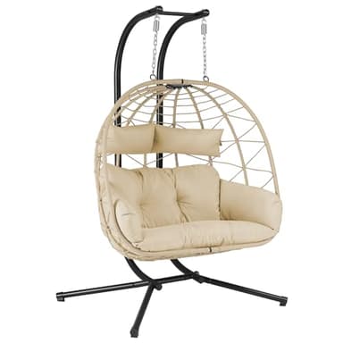 HinHocker Fauteil hamac pour 2 Personnes avec châssis | Crème | Balançoire Suspendue XXL pour l’intérieur,l’Exterieur, terrasse | Fauteuil 2 Places en Osier, Fauteuil Suspendu en Oeuf