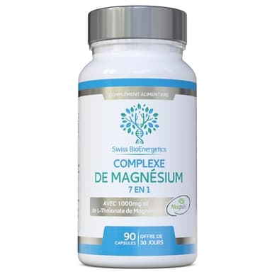 Complexe de Magnésium L-Thréonate 7-en-1 avec 1000 mg de Magtein, plus Magnésium sous forme de Bisglycinate, Taurate, Citrate, Gluconate, Malate et Lactate – Favorise le sommeil – Végan