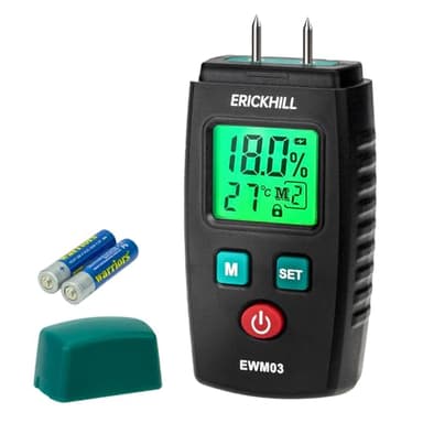Testeur Humidité, ERICKHILL EWM03 Détecteur d'Humidité à Broche avec 5 Modes, Écran LCD avec rétroéclairage vert, Détecteur de Moisissures pour Bois et Matériaux de Construction.