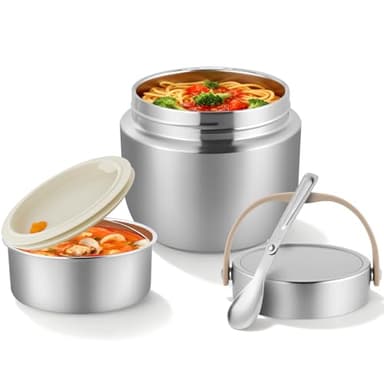 AiQInu Thermos Alimentaire pour Adultes 1,2 L, Thermos en Acier Inoxydable avec Cuillère et Poignée, Large Ouverture, Isolation Sous Vide pour les Aliments Chauds pour Enfants et Adultes (Argent)