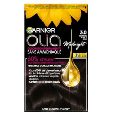 Garnier Coloration Permanente - Sans Ammoniaque - Aux Huiles Naturelles de Fleurs - Châtain Foncé Pur (3.0) - Olia
