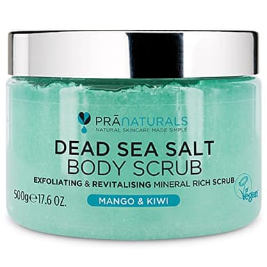 PraNaturals Gommage pour le Corps Revitalisant au Sel de la mer Morte 500g - Exfoliant Corporel Nourrissant, Riche en Minéraux Naturels pour Toutes les Peaux - Parfumé à la Mangue et au Kiwi