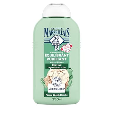 Le Petit Marseillais - Shampooing Équilibrant Purifiant Poudre d'Argile Blanche (flacon de 250 ml) – Shampoing sans silicone pour cheveux regraissant vite – 97 % d'ingrédients d'origine naturelle