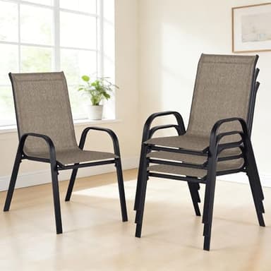 Lot de 4 Chaises de Jardin Extérieur, Chaise Exterieur Terrasse Empilables, Fauteuil de Jardin Exterieur Cadre Métal Ergonomiques, Max 135KG, Chaise Salle à Manger avec Courantes Dossier Haut, Marron