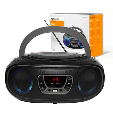 Denver TCL-212BTGREY Lecteur de CD Portable Boombox. Radio FM. Bluetooth. Haut-parleurs Volume 4W. Entrée AUX. Lecture MP3 Via USB Noir/Gris