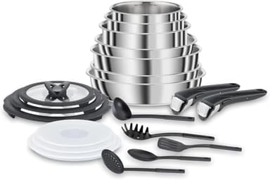 Lagostina Ingenio Inox Lot de 20 Pièces en Acier Inoxydable - Casseroles, Poêles, Couvercles, Ustensiles et Poignées - Compatible Induction