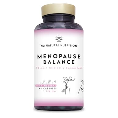 Menopause Traitement Naturel sans Hormones avec Soutien Clinique. 45 Capsules avec 14 Ingrédients. Oméga 3, Vitamine D3 K2, Vitamine B, Clou de Girofle, Chrome. Pré-Ménopause. N2 Natural Nutrition