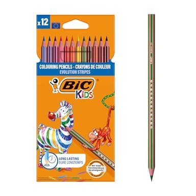 BIC Kids Evolution Stripes Crayons de Couleur Enfant, Couleurs vives et intenses, Idéal pour dessiner et colorier - Couleurs assorties, Lot de 12