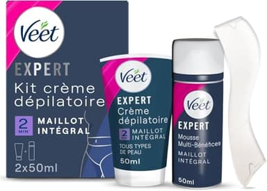 VEET EXPERT - Crème Dépilatoire Poils Tenaces - Maillot Intégral Avec Mousse Exfoliante - Agit en 2min - 2x50ml