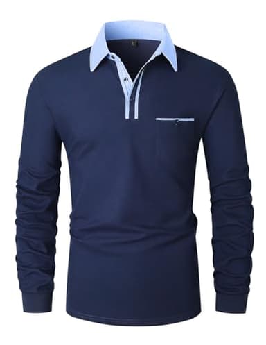 KUNJLELP Mode Polo Homme Manches Longues Coton Golf Chemise Outdoor Casual T-Shirt avec Poche,Bleu,XL