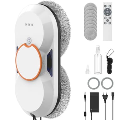 Robot Nettoyeur Vitres, 5600Pa Robot Laveur de Vitre Automatique avec Double Pulvérisation D'eau Automatique, 3 Modes de Nettoyage, Navigation Intelligente, Télécommande et 8 Chiffons de Nettoyage