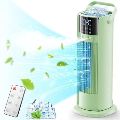 Climatiseur Portable 3 en 1 avec Brumisation - Climatiseurs Mobile Silencieux, 4 Vitesses, 2 Têtes de Pulvérisation, 700ml Réservoir, Télécommande, Oscillation 90°, Faible Consommation (Vert)