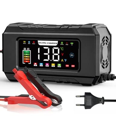 Husgw 15A Chargeur de Batterie Voiture, 12V/24V Chargeur Voiture Electrique avec Mémoire Intelligente, Anti-Manipulation Accidentelle, 9 Étapes de Charge, Chargeur Batterie LiFePO4 Moto avec Écran LCD
