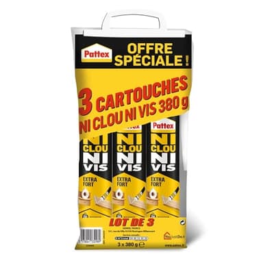 Pattex Ni Clou Ni Vis- Fix Extra Fort (lot de 3 cartouches de 380 g) – Colle de fixation à maintien immédiat pour usage intérieur – Blanc