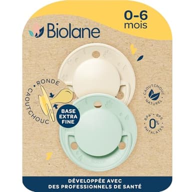 BIOLANE - Tétines rondes - Sucettes extra-fines - 0 à 6 mois - Vert et Beige - Téterelle en caoutchouc naturel - Respect du développement bucco-dentaire - Douces et confortables