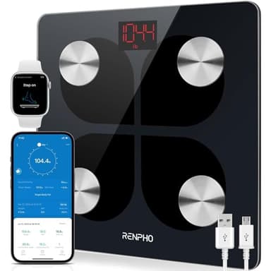RENPHO Balance Pèse Personne Électronique, Pèse Personne Impédancemètre Rechargeable USB, Bluetooth Balance avec Smartphone App, 13 Données (IMC/Taux de Graisse/Poids Osseux), 400 lb