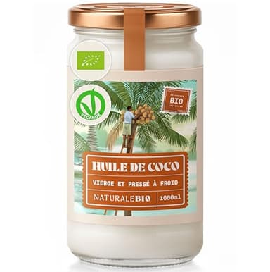 NaturaleBio Huile de Coco Bio Vierge 1000 ml. Crue et Pressée à Froid. Organique et Naturel. Huile Bio Native Non Raffinée. Pays d'origine Sri Lanka.