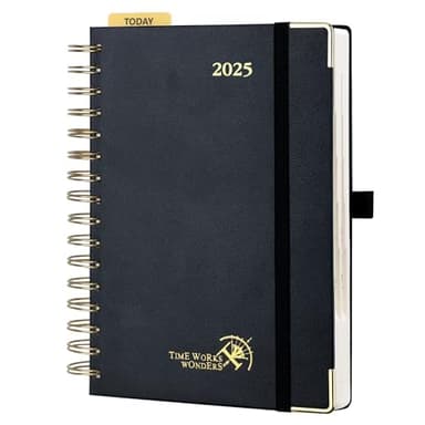 POPRUN Agenda 2025 Journalier 21,5 x 14,5 cm - Couverture Rigide Spirale, 1 Page par Jour A5 Agenda, D'Jan 2025 à Déc 2025-12 Mois, Avec règle signet, Papier 80 g/m², Noir