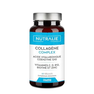 Collagène Acide Hyaluronique - Hydrolysé + Biotine + Q10 - Peau Cartilage - Vitamines C D B12 et Zinc - Complexe Collagène - 60 gélules Nutralie