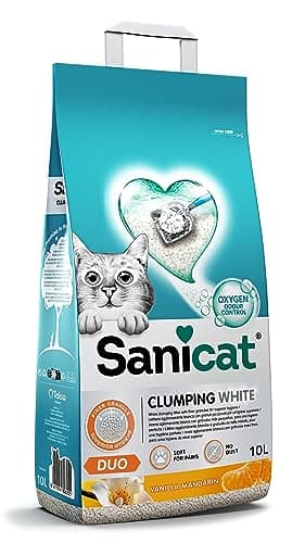 Sanicat - Litière pour Chats agglomérante Blanche - Parfum de Vanille et Mandarine, Fabriquée à partir de minéraux naturels avec contrôle d'odeur, Capacité de 10 L